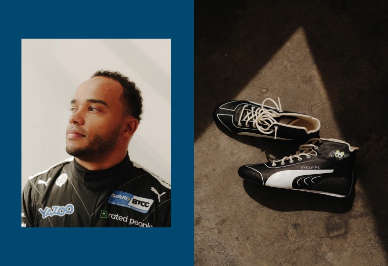 Фото Ника: портрет пилота и представителя MINI Николаса Хэмилтона в профиль.   Фото ботинок: пара гоночных ботинок Николаса Хэмилтона. 